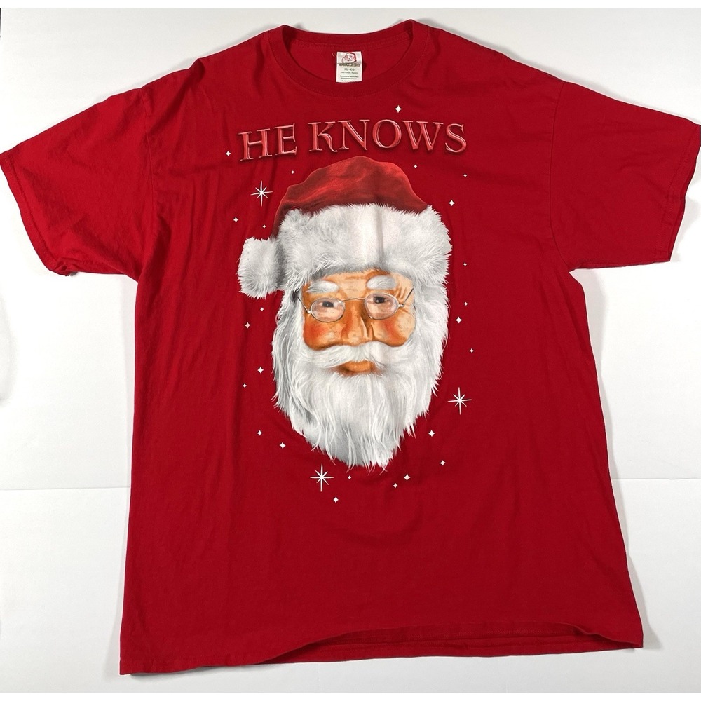 He Knows Santa Christmas's Men's Size XL Graphic T-shirt Tee 100% Cotton
